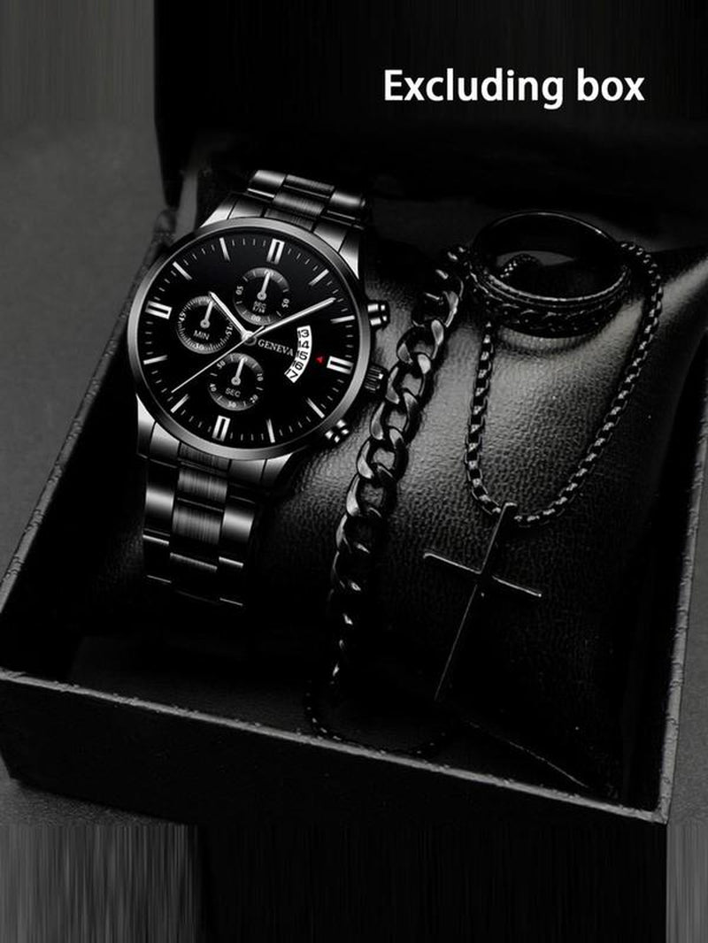 Men'S Business Fashion Watch Set, Including round Dial Watch & Chain Bracelet & Ring & Pendant Necklace, Trendy All-Match & Exquisite Watch Set for Birthday Gift, Jewelry Watch Set