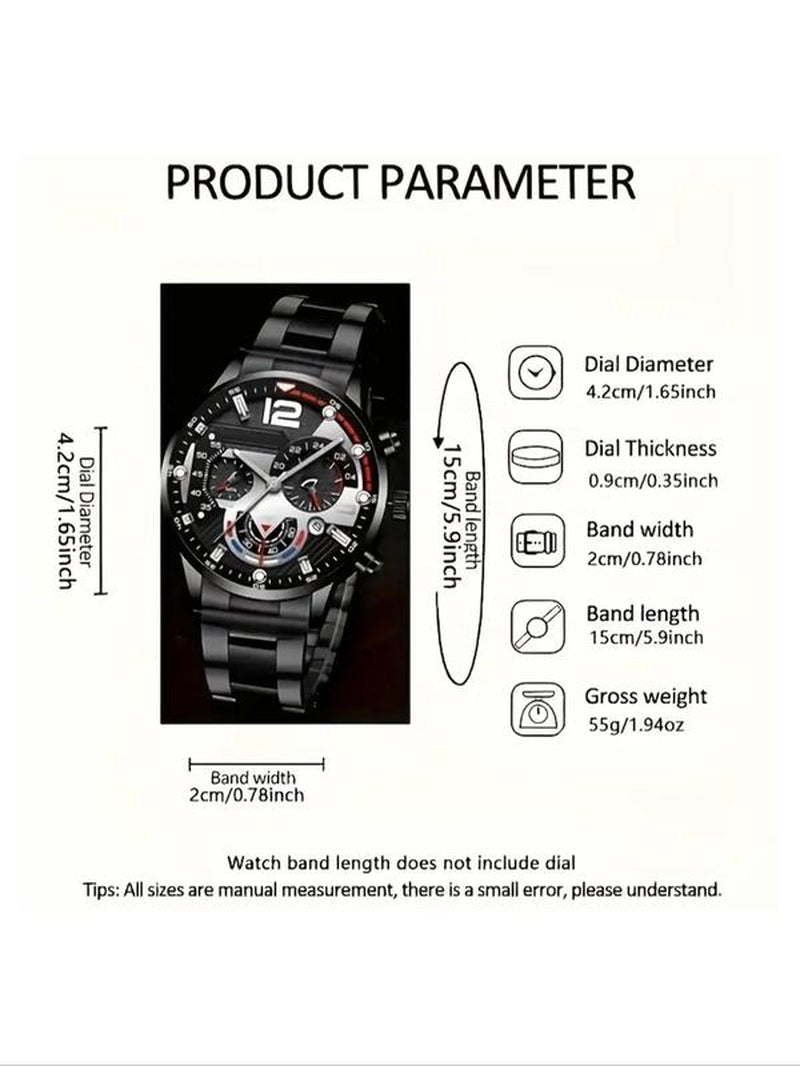 Men'S Business Fashion Watch Set, Including round Dial Watch & Chain Bracelet & Ring & Pendant Necklace, Trendy All-Match & Exquisite Watch Set for Birthday Gift, Jewelry Watch Set