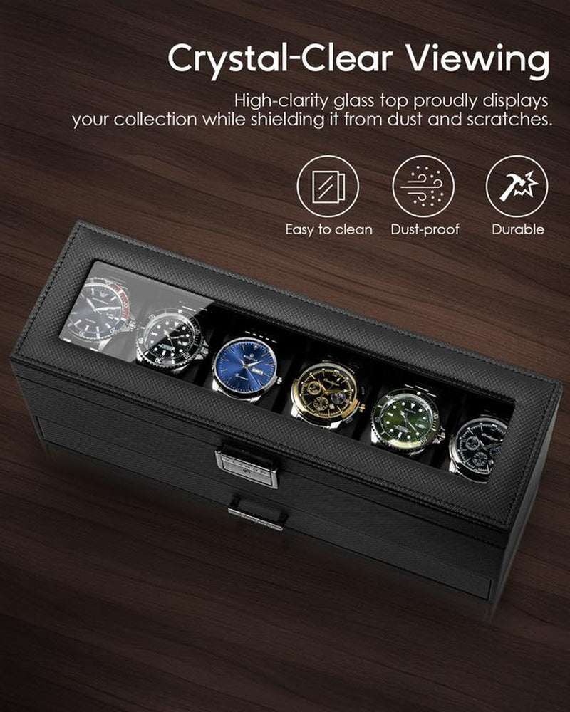 Vlando 6 Slots 2 Layers Watch Case for Men, Watch Box with Glass Lid, Lockable Watch Holder, Business Textured Leather Organizer Display Case, Soft Pillow, Gifts for Fathers, Dad, Husband - Black