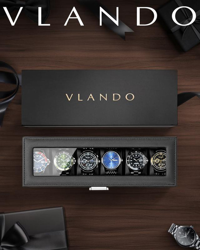 Vlando 6 Slots 2 Layers Watch Case for Men, Watch Box with Glass Lid, Lockable Watch Holder, Business Textured Leather Organizer Display Case, Soft Pillow, Gifts for Fathers, Dad, Husband - Black