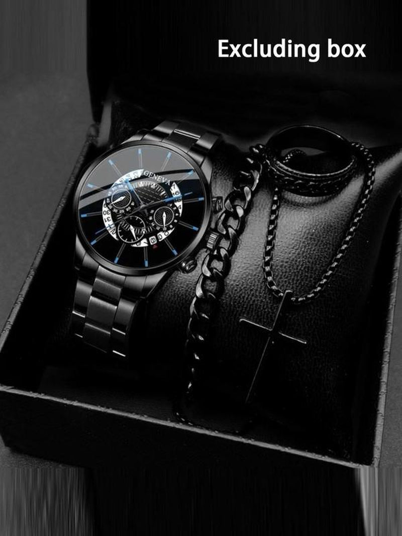 Men'S Business Fashion Watch Set, Including round Dial Watch & Chain Bracelet & Ring & Pendant Necklace, Trendy All-Match & Exquisite Watch Set for Birthday Gift, Jewelry Watch Set