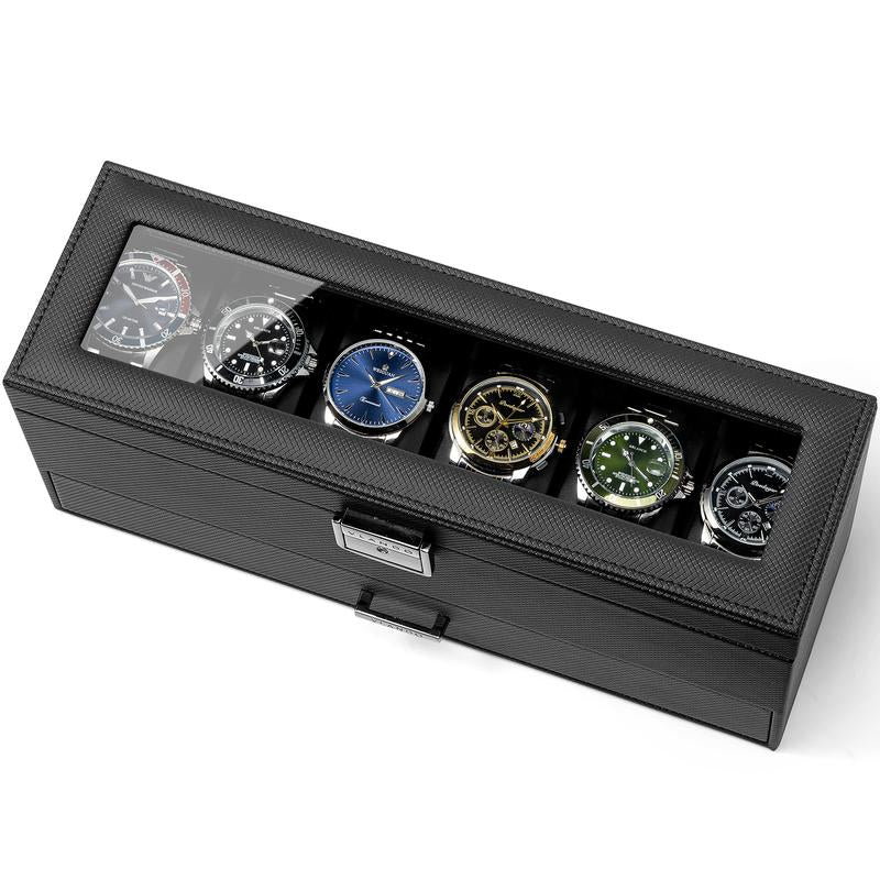 Vlando 6 Slots 2 Layers Watch Case for Men, Watch Box with Glass Lid, Lockable Watch Holder, Business Textured Leather Organizer Display Case, Soft Pillow, Gifts for Fathers, Dad, Husband - Black