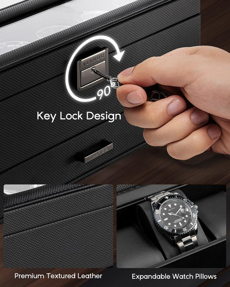 Vlando 6 Slots 2 Layers Watch Case for Men, Watch Box with Glass Lid, Lockable Watch Holder, Business Textured Leather Organizer Display Case, Soft Pillow, Gifts for Fathers, Dad, Husband - Black