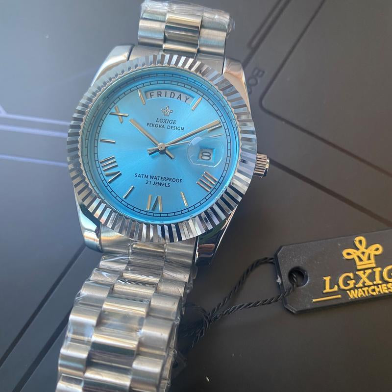 Sky Blue Watch of Men 40Mm Day Date Retro Quartz Wristwatches Top Brand Luxury Male Wrist Watch for Men Waterproof Clock（Gift）