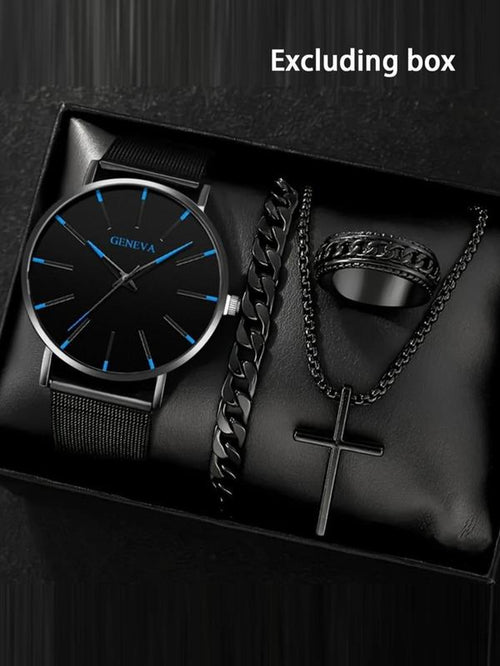 Men'S Business Fashion Watch Set, Including round Dial Watch & Chain Bracelet & Ring & Pendant Necklace, Trendy All-Match & Exquisite Watch Set for Birthday Gift, Jewelry Watch Set