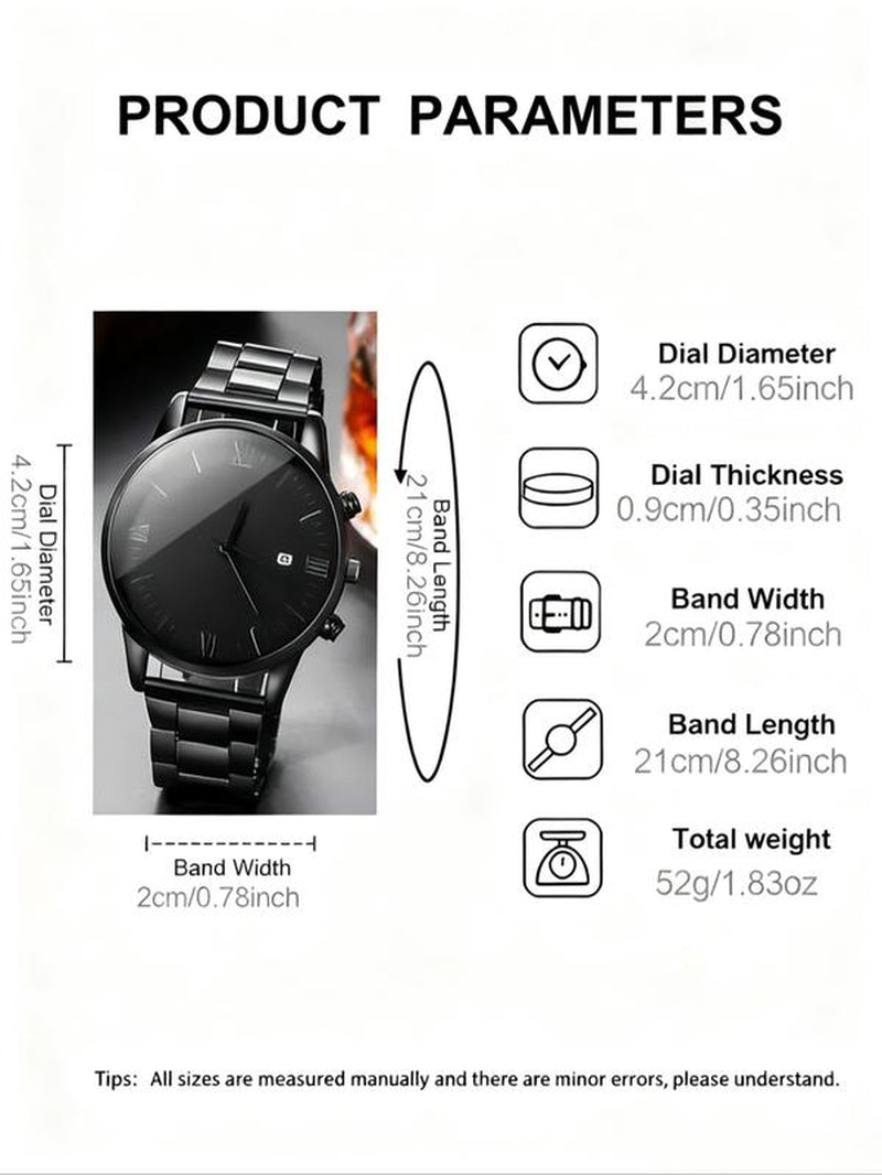 Men'S Business Fashion Watch Set, Including round Dial Watch & Chain Bracelet & Ring & Pendant Necklace, Trendy All-Match & Exquisite Watch Set for Birthday Gift, Jewelry Watch Set