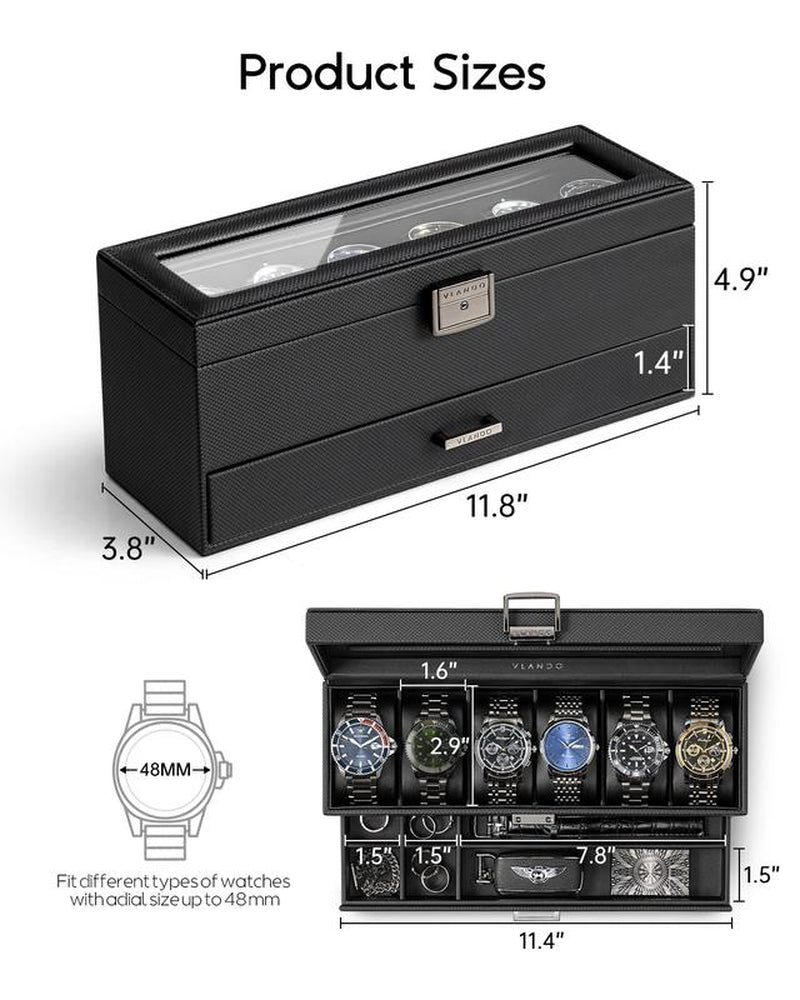 Vlando 6 Slots 2 Layers Watch Case for Men, Watch Box with Glass Lid, Lockable Watch Holder, Business Textured Leather Organizer Display Case, Soft Pillow, Gifts for Fathers, Dad, Husband - Black