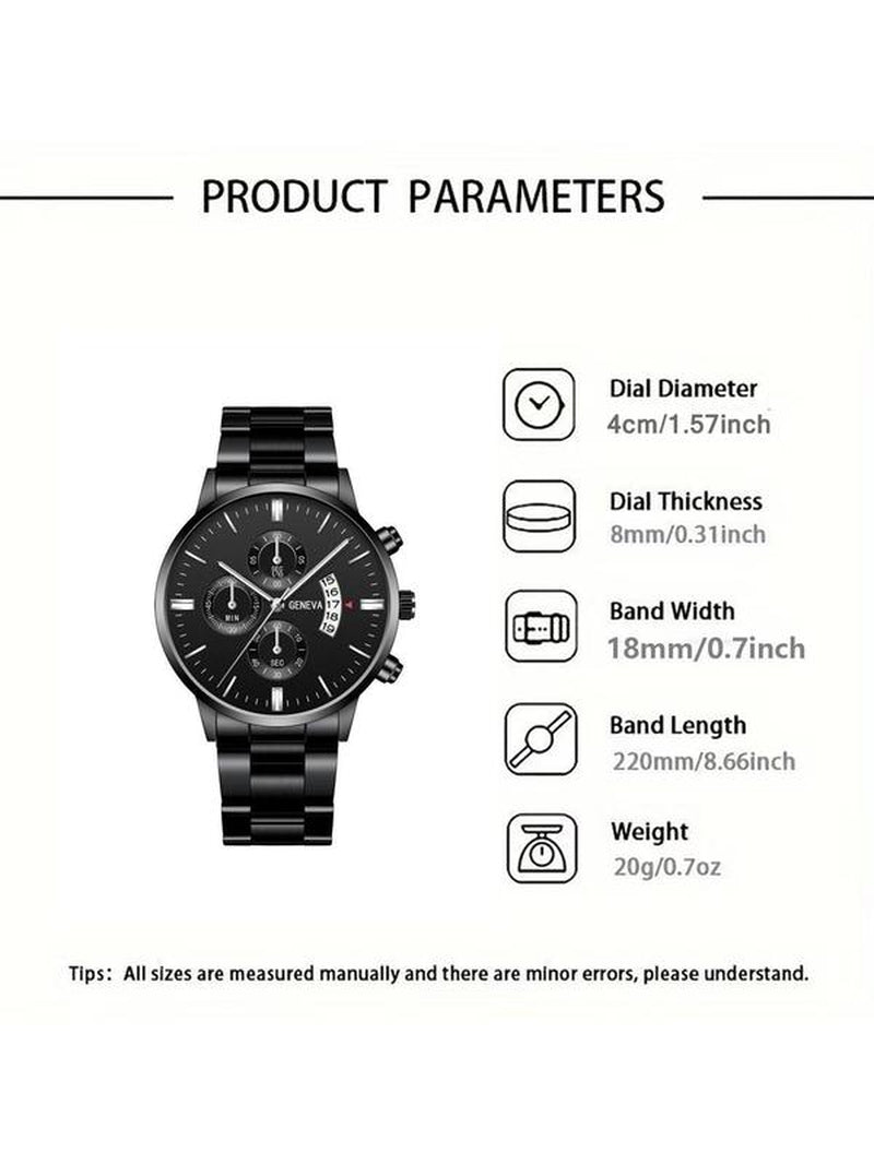 Men'S Business Fashion Watch Set, Including round Dial Watch & Chain Bracelet & Ring & Pendant Necklace, Trendy All-Match & Exquisite Watch Set for Birthday Gift, Jewelry Watch Set