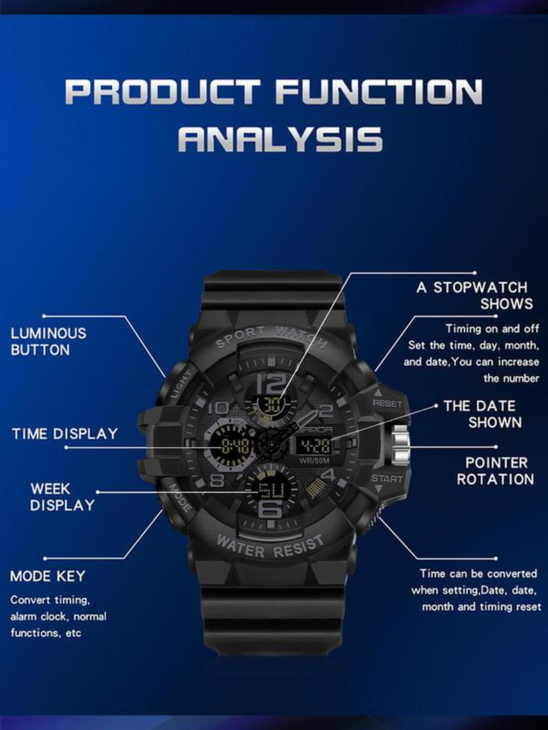 Men'S Sportive Digital Analog Quartz Watch, Fashionable Digital Watch with Alarm Mode, Trendy Watch for Daily Life, Tactical Sport Watch