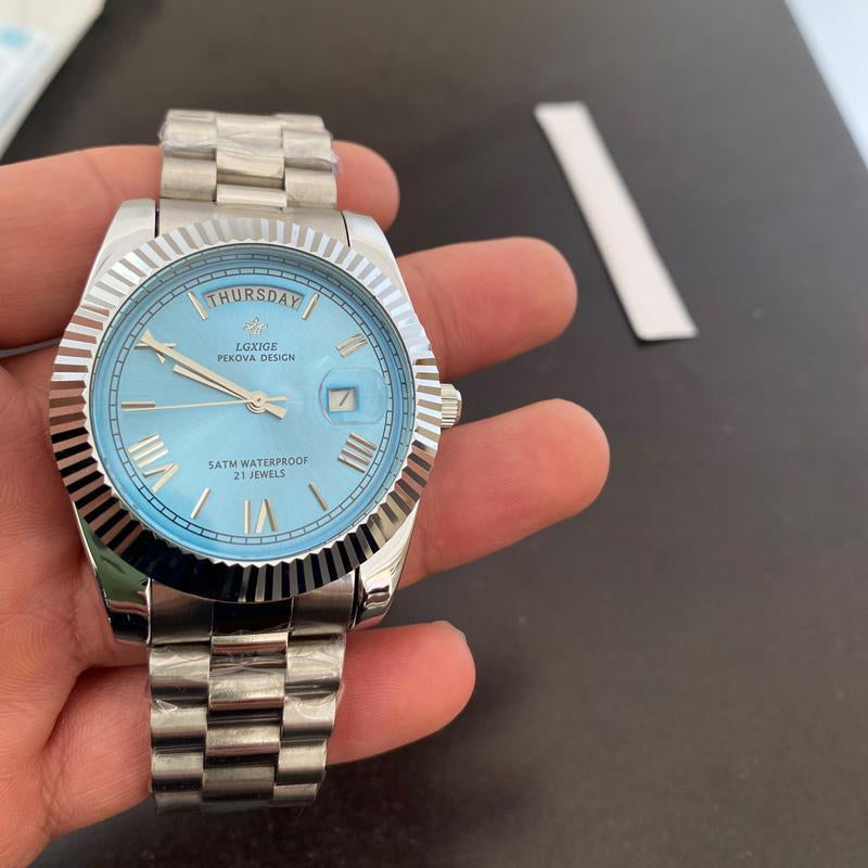 Sky Blue Watch of Men 40Mm Day Date Retro Quartz Wristwatches Top Brand Luxury Male Wrist Watch for Men Waterproof Clock（Gift）