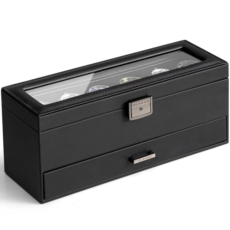 Vlando 6 Slots 2 Layers Watch Case for Men, Watch Box with Glass Lid, Lockable Watch Holder, Business Textured Leather Organizer Display Case, Soft Pillow, Gifts for Fathers, Dad, Husband - Black