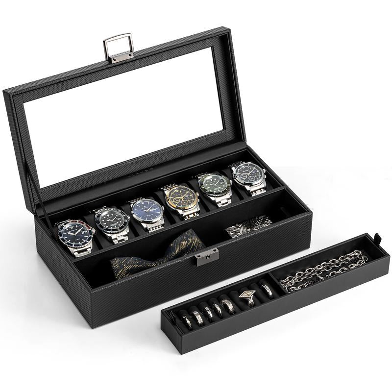 Vlando 6 Slots 2 Layers Watch Case for Men, Watch Box with Glass Lid, Lockable Watch Holder, Business Textured Leather Organizer Display Case, Soft Pillow, Gifts for Fathers, Dad, Husband - Black