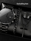 Men'S Business Fashion Watch Set, Including round Dial Watch & Chain Bracelet & Ring & Pendant Necklace, Trendy All-Match & Exquisite Watch Set for Birthday Gift, Jewelry Watch Set