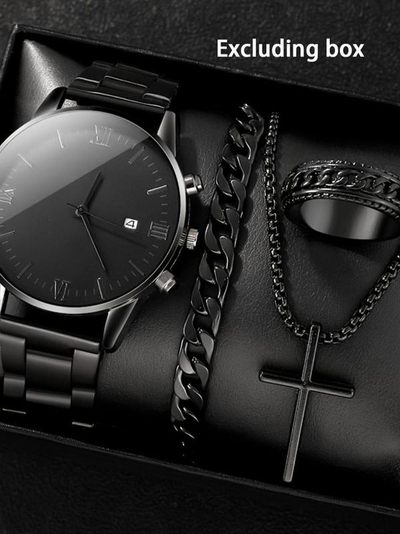 Men'S Business Fashion Watch Set, Including round Dial Watch & Chain Bracelet & Ring & Pendant Necklace, Trendy All-Match & Exquisite Watch Set for Birthday Gift, Jewelry Watch Set