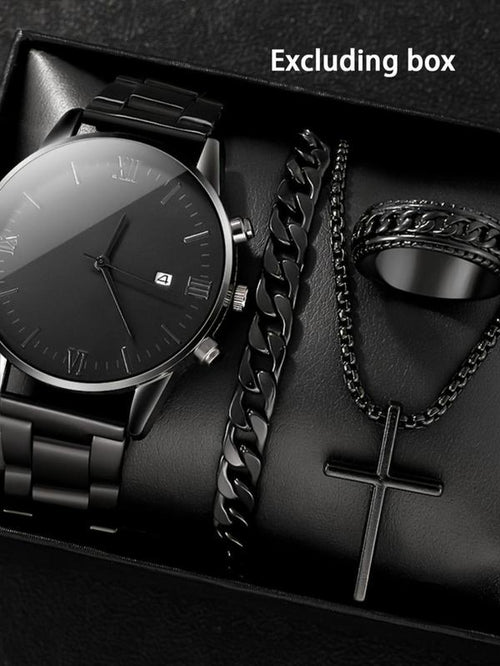 Men'S Business Fashion Watch Set, Including round Dial Watch & Chain Bracelet & Ring & Pendant Necklace, Trendy All-Match & Exquisite Watch Set for Birthday Gift, Jewelry Watch Set