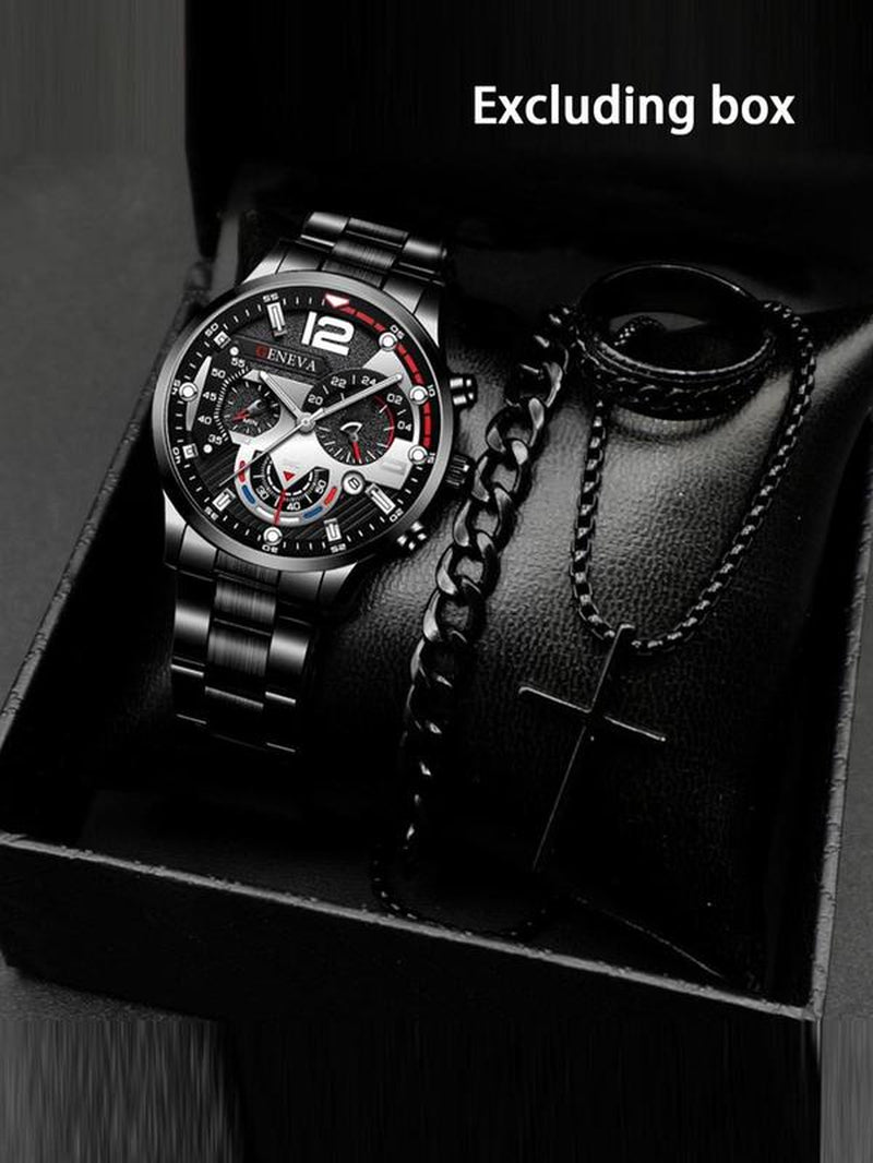 Men'S Business Fashion Watch Set, Including round Dial Watch & Chain Bracelet & Ring & Pendant Necklace, Trendy All-Match & Exquisite Watch Set for Birthday Gift, Jewelry Watch Set