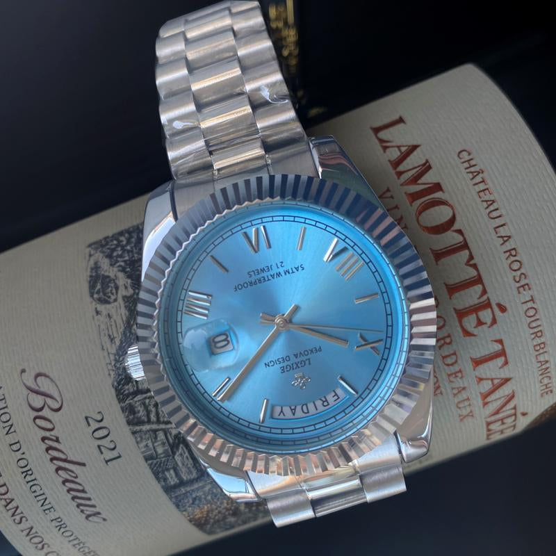 Sky Blue Watch of Men 40Mm Day Date Retro Quartz Wristwatches Top Brand Luxury Male Wrist Watch for Men Waterproof Clock（Gift）