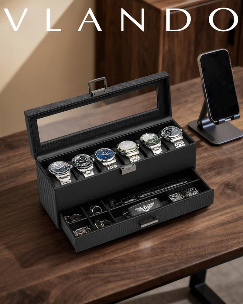 Vlando 6 Slots 2 Layers Watch Case for Men, Watch Box with Glass Lid, Lockable Watch Holder, Business Textured Leather Organizer Display Case, Soft Pillow, Gifts for Fathers, Dad, Husband - Black